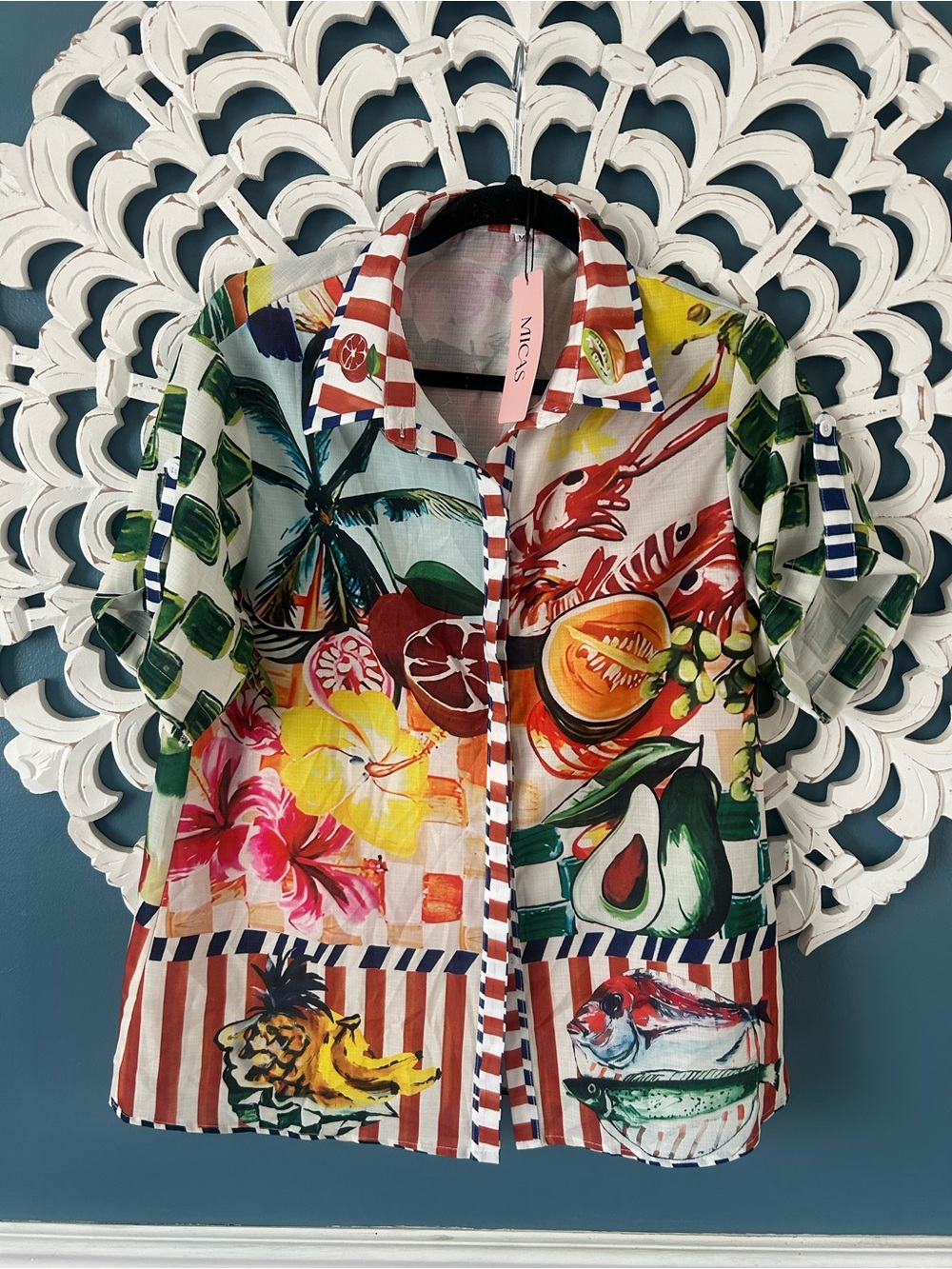 NWT Micas Colorful Tropical Button-Up Shirt with Fruit & Floral Print